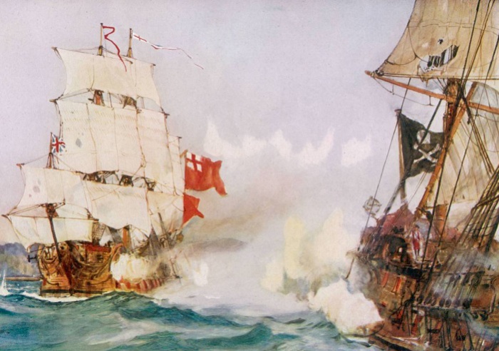 Сцена сражения пиратского и торгового кораблей.